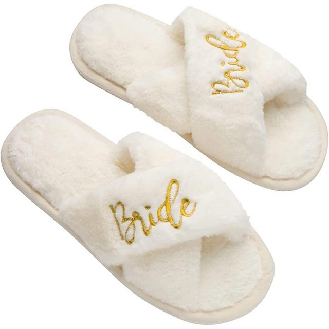 Bride Slippers - Bride Gifts for Bridal Shower, Bachelorette Party, Engagement Party, Wedding Day, etc. - Cozy White Fur Slippers with Gold Embroidery