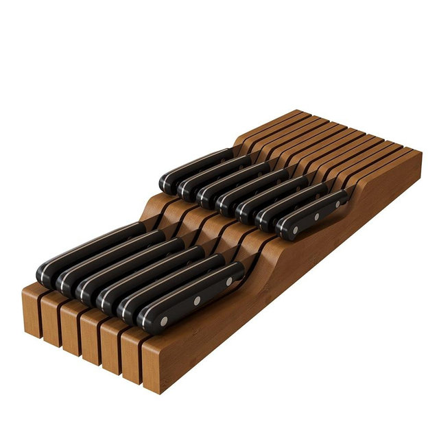 In-Drawer Knife Block Organizer - Bamboo Wood Drawer Knife Organizer-Protecting Knife Organizer Block (Not Included) (Brown, 13 Knives Dock)