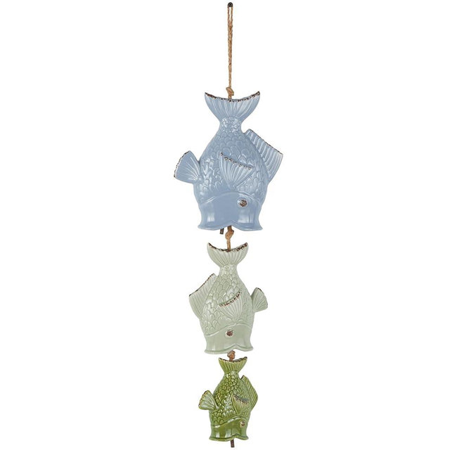 Deco 79 Ceramic Fish Indoor Outdoor Windchime Wind Chime with Brown Rope, Hanging Ornament 7" x 2" x 27", Multi Colored