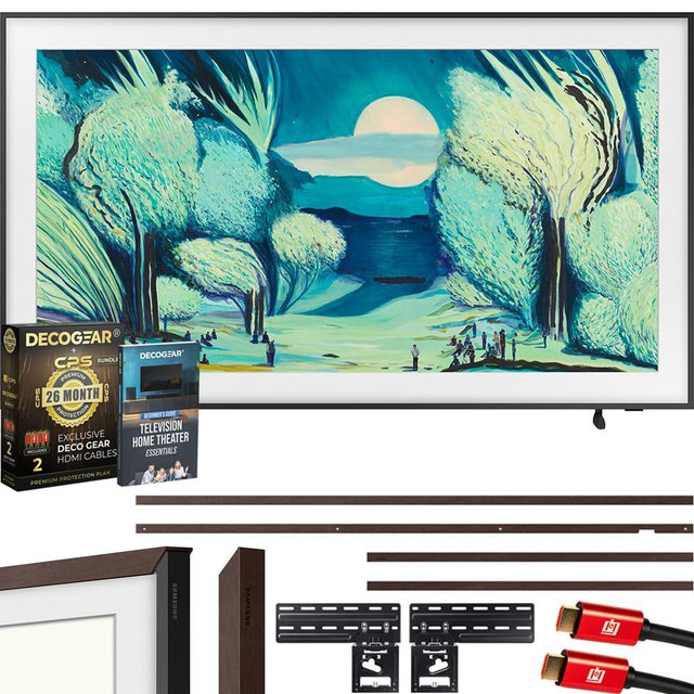Samsung QN65LS03FA 65" The Frame QLED 4K AI TV (2025) Bundle with Modern Brown Bezel, CPS 26 Month Protection, Slim Flat Mount, 2X HDMI Cables & Deco Gear Complete Home Theater Beginner's Guidebook
