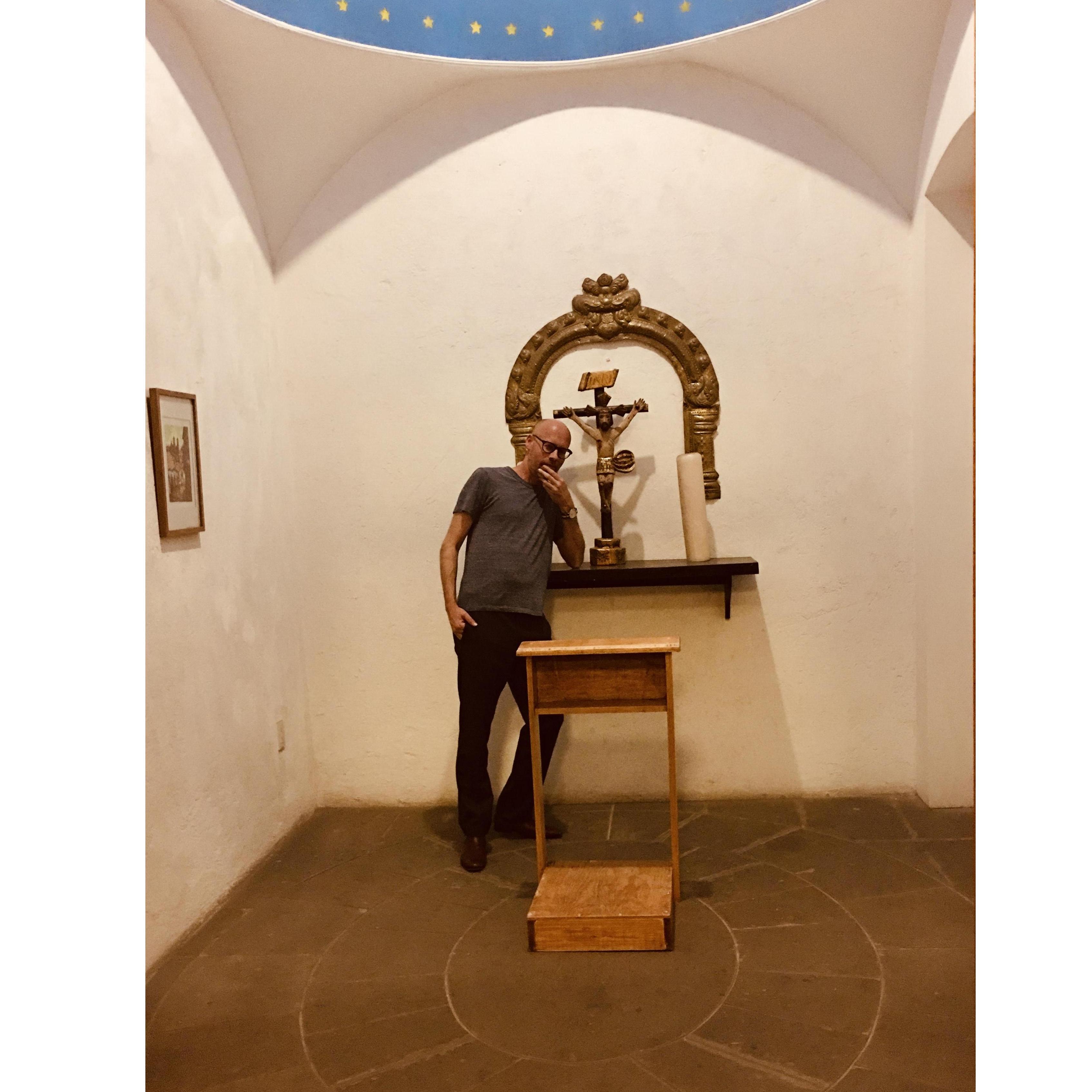 In Mexico City, we had our own private chapel. George has no idea what people do in chapels.