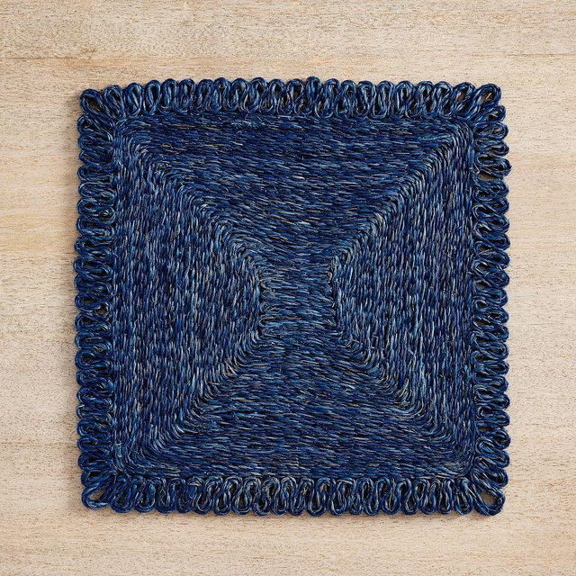 Handcrafted Square Abaca Placemat, Single, 14" - Blue