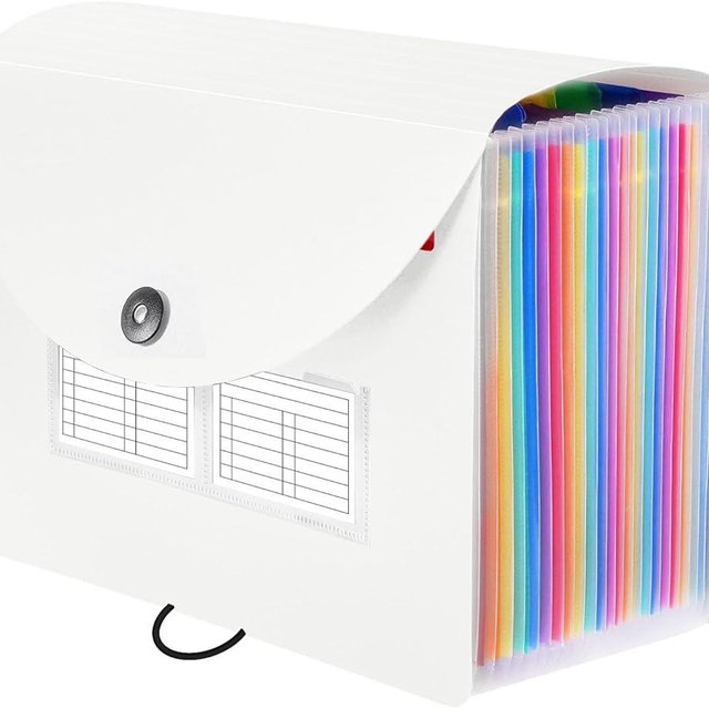 Sooez 24 Pockets Expanding File Folder with Blank Labels, According File Organizer with Expandable Cover, Desktop Accordion Folders Letter A4 Paper Document Storage Organizer, White