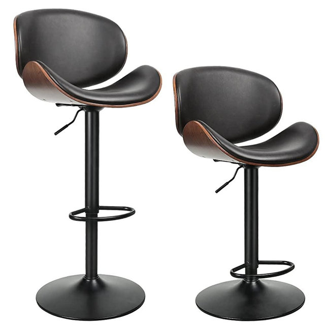 ONME Bar Stools Set of 2, Bentwood Adjustable Height Swivel Bar Stools, PU Leather Upholstered Bar Chair with Backless and Curved Footrest Dining Chair for Bar, Kitchen, Dining Room