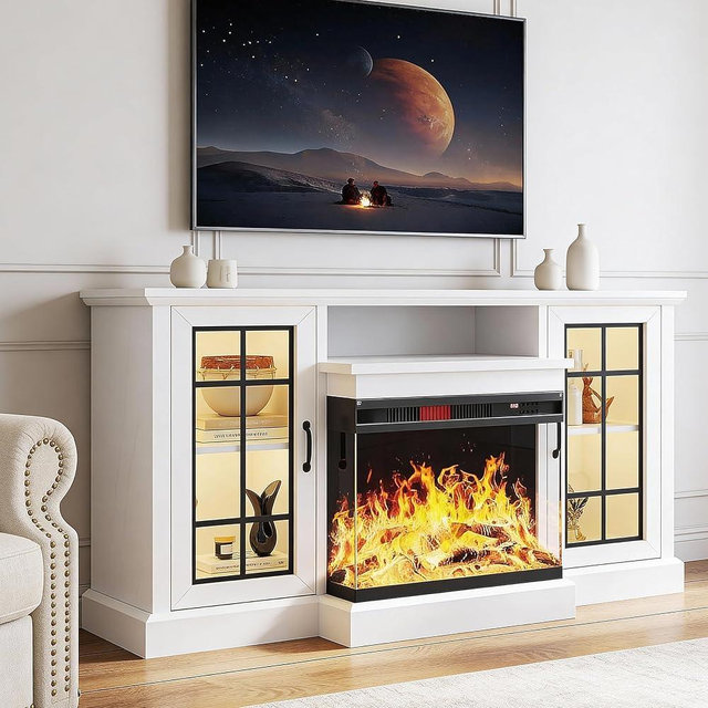 OneBlis 59'' TV Stand, 3 Sided Glass Media Entertainment Center Console Table for TVs up to 65'' with Glass Door, Adjustable Flame LED Color for Living Room, White