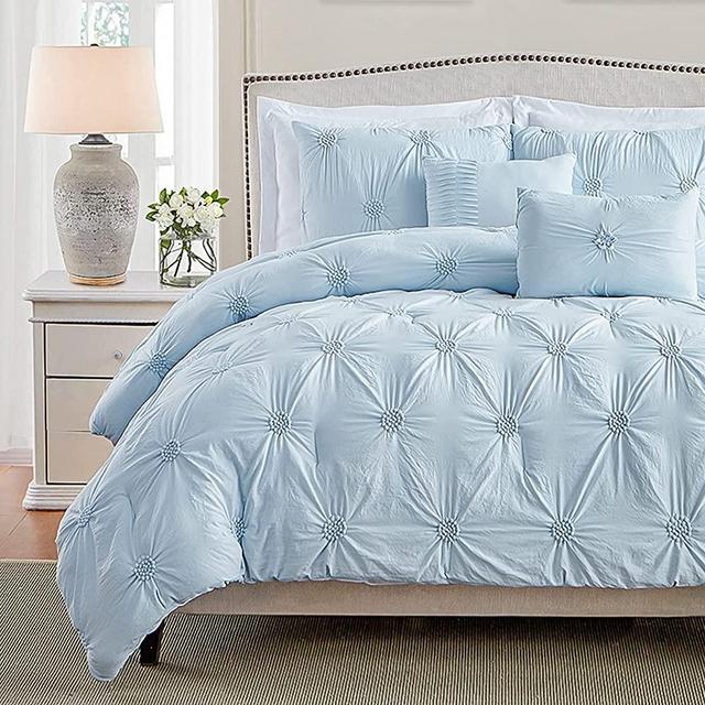 Swift Home Bedding Comforter Sets, Luxury and Lightweight 3-Piece Ruched 3D Floral Pintuck Comforter Sets, Machine Washable - Baby Blue, Full/Queen