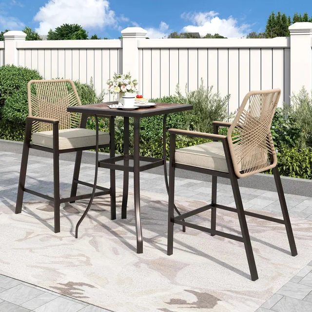 Captiva Designs 3pc Outdoor Dining Wood-look Square Steel Bar Table & Rattan Fixed Bar Stools with Beige Cushions