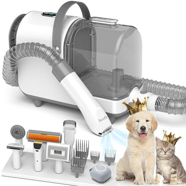 Bunfly Dog Grooming Kit & Vacuum Suction 99.99% Pet Hair, 7 Pet Grooming Tools for Dogs Cats and Other Animals, 3L Large Capacity Dust Cup, Quiet Pet Vacuum Groomer(Silver & White