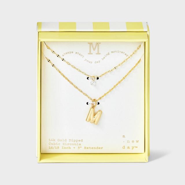 14K Gold Dipped Initial "M" Cubic Zirconia Layered Chain Necklace - A New Day™ Gold