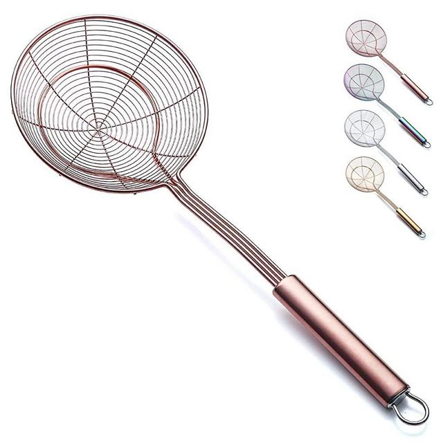 Rose Gold Strainer Spider Skimmers For Kitchen,Kyraton Stainless Steel Titanium Plating Copper Slotted Spoon Pasta Strainers Tomato Food Strainer Skimmer Ladle For Kitchen Cooking and Frying Food