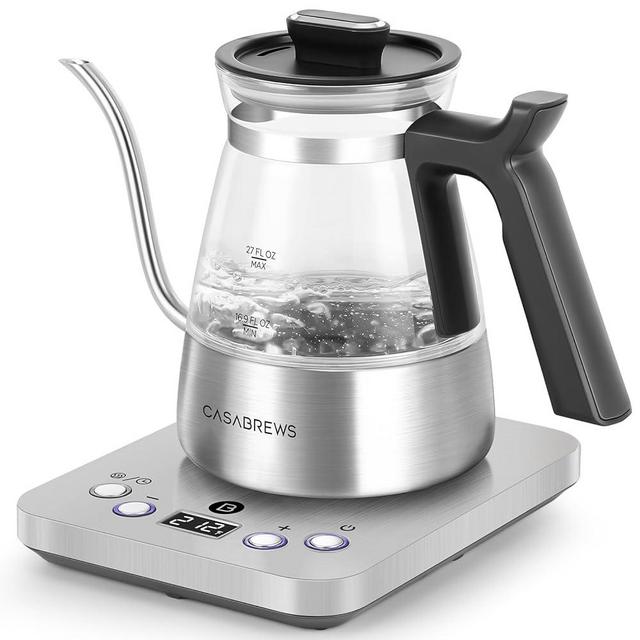 CASABREWS Gooseneck Electric Kettle, Stainless Steel Glass Kettle with Temperature Control & Reservation Time Function, Pour Over Kettle for Coffee & Tea, Fast Boiling, Auto Shut-Off, 1200W/0.8L