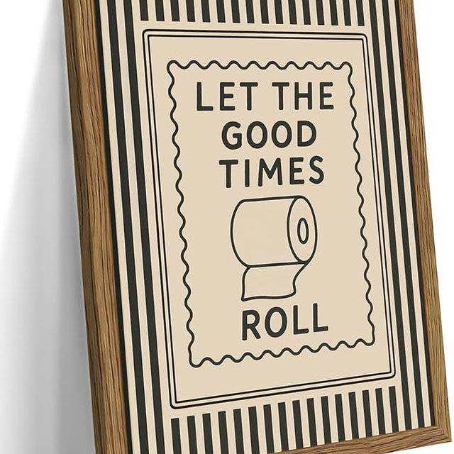Framed Funny Bathroom Wall Art, Let The Good Times Roll Canvas Wall Decor Painting, Humorous Toilet Quote Artwork Poster Print Picture for Modern Farmhouse Bathroom Decor 12x16 Inch