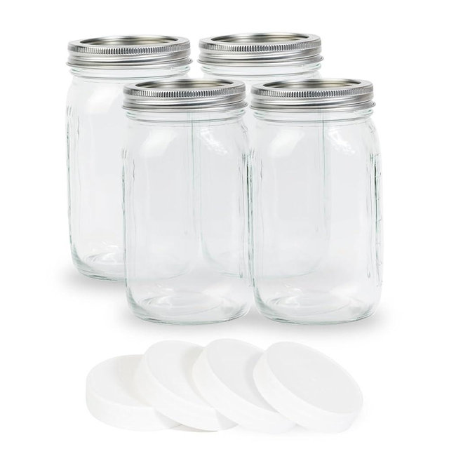 Yodecy 4 Pcs 32 oz Clear Wide Mouth Mason Jars with Airtight Lids and White Plastic Lids, Canning Jars for Overnight Oats, Food Storage and More