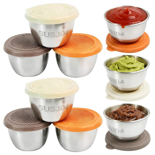 AUUTI 9 Pack Stainless Steel Condiment Cups With Lids, Reusable Leakproof Sauce Containers for Lunch Box, Travel, Picnics & Meal Prep, Metal Dipping Sauce Cups for On The Go (9)