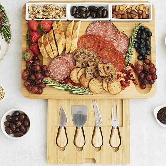 Home Euphoria Natural Bamboo Cheese Board and Cutlery Set with Rectangular Ceramic Ramekins. Serving Tray for Wine, Crackers, Charcuterie. Perfect for Christmas, Wedding & Housewarming Gifts.