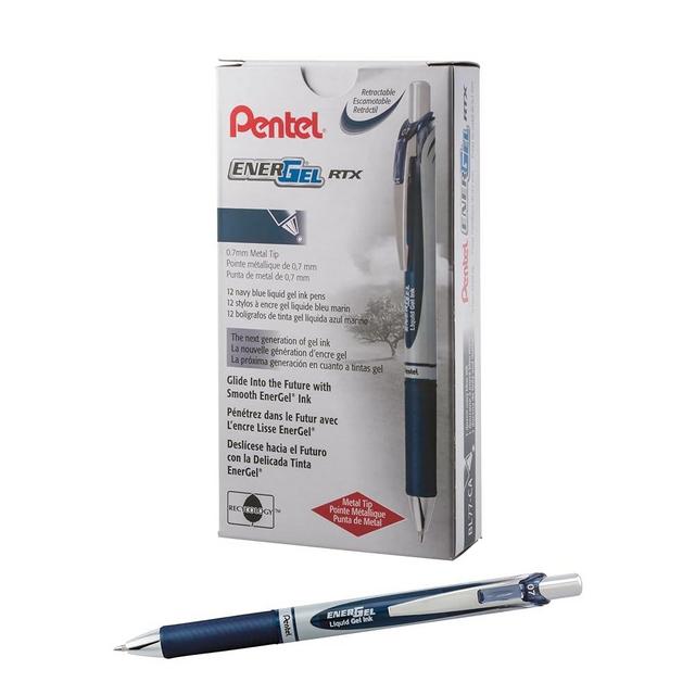 Pentel EnerGel RTX Retractable Liquid Gel Pen, (0.7mm) Metal Tip, Medium Line, Navy Blue Ink, 12 pack (BL77-CA)