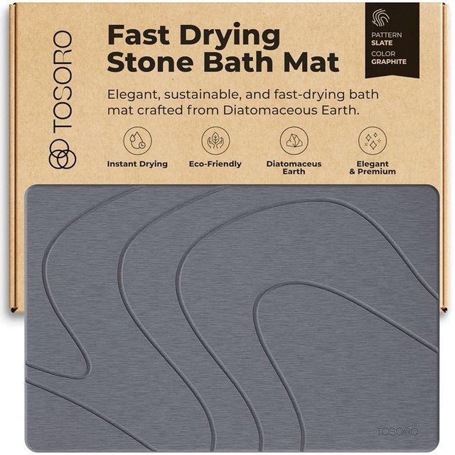 TOSORO - Stone Bath Mat, Diatomaceous Earth Non-Slip Stone Shower Mat - Quick Drying Absorbent Bath Mats for Bathroom - Elegant & Modern Design, Easy to Clean (23.5 x 15) - Graphite
