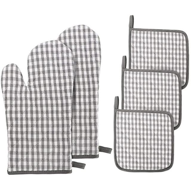 Jennice House Oven Mitts and Pot Holders, Heat Resistant Cotton Vintage Gingham Oven Mitts and Potholders Hot Pads Mats Coasters Set for Kitchen (Gray Set)