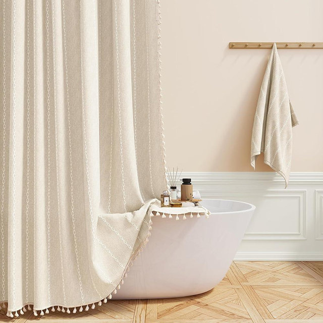 BTTN Boho Shower Stall Curtain - 36x72 Narrow Linen Ultra Thick Striped Tassel Fabric Shower Curtain Set with 6 Hooks, Half Modern Farmhouse Cottage Weighted Shower Curtains for Bathroom - Cream/Beige