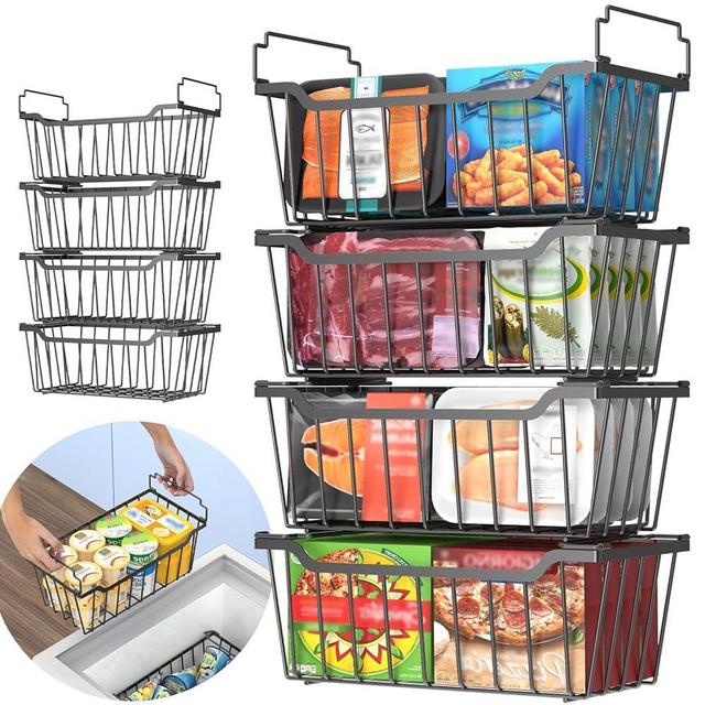 Goovilla Freezer Organizer Bins with Foldable Handle, 8 Pack Stackable Freezer Baskets for 3.5-7 Cu.FT Deep Chest Freezer Organization, Coated Metal Freezer Storage Bins with Better Space Utilization