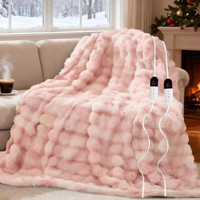 AEPINBH Electric Blanket, Soft Faux Rabbit Fur Bubble Heated Blanket with Dual Control 6 Heating Levels & 10 Hours Auto-Off, Machine Washable, Fast Heating (Pink White, 84"X90")