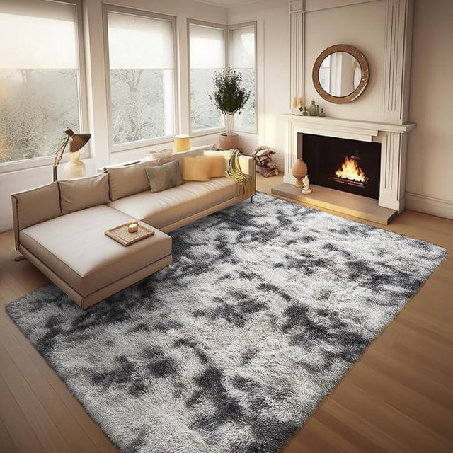 Ophanie Tie-Dyed Grey&White 8x10 Area Rugs for Living Room, Large Shag Bedroom Carpet, Big Indoor Thick Soft Nursery Rug, Fluffy Carpets for Boy and Girls Room Dorm Home Decor Aesthetic