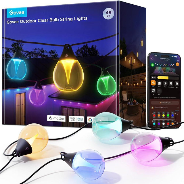 Govee Outdoor Clear Bulb String Lights, 48ft RGBWIC Outdoor Lights with 15 Dimmable Warm White LED Bulbs, 111 Scene Modes for Patio, Backyard, IP67 Waterproof, Works with Alexa, Google & Matter