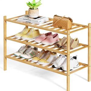 Kitsure Bamboo Wooden Shoe Rack for Closet - Stackable Shoe Organizer with Modular Structure, Space-Saving Shoe Shelf for Entryway, Living Room, Bedroom, 26.8" x 11" x 18.9", Natural