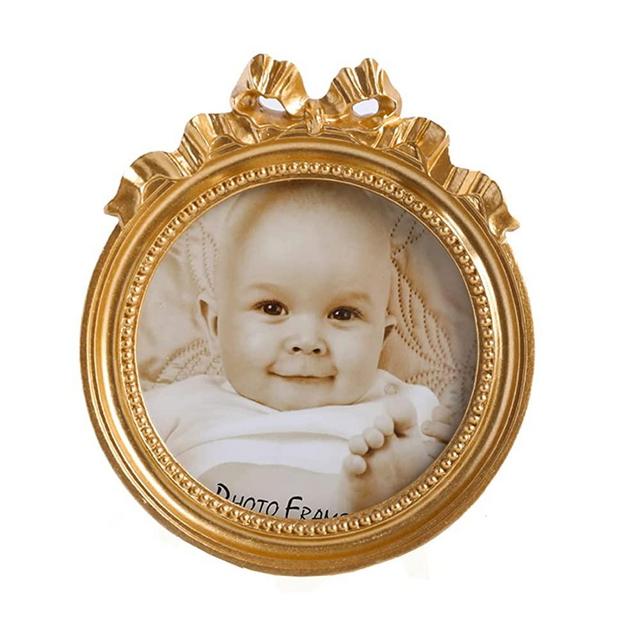 Kangce Picture Frames 3.5x3.5 Vintage Picture Frames Round Picture Frames Small Gold Picture Frames Wallet Size Picture Frames Ornate Picture Frames Antique Wall Decor Table Top Easel with Embossed Bow and Beaded