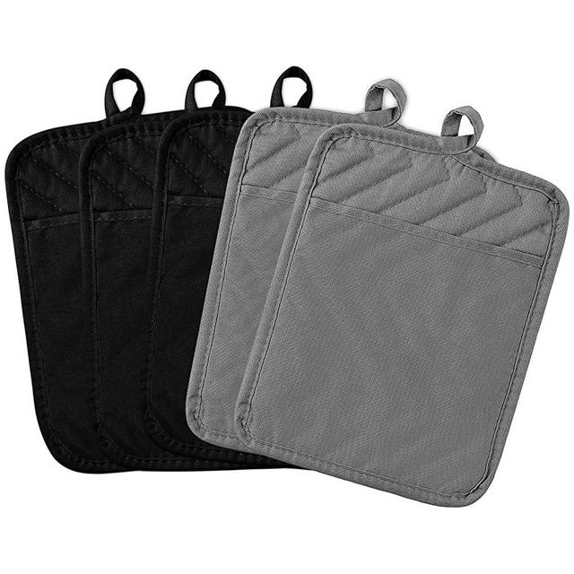 GROBRO7 5Pack Pot Holders for Kitchen Heat Resistant Cotton Potholder Multipurpose Hot Pad Machine Washable Oven Mitts with Pocket Terry Cloth Potholders for Baking and Cooking 8.9 x 6.9 In Gray Black