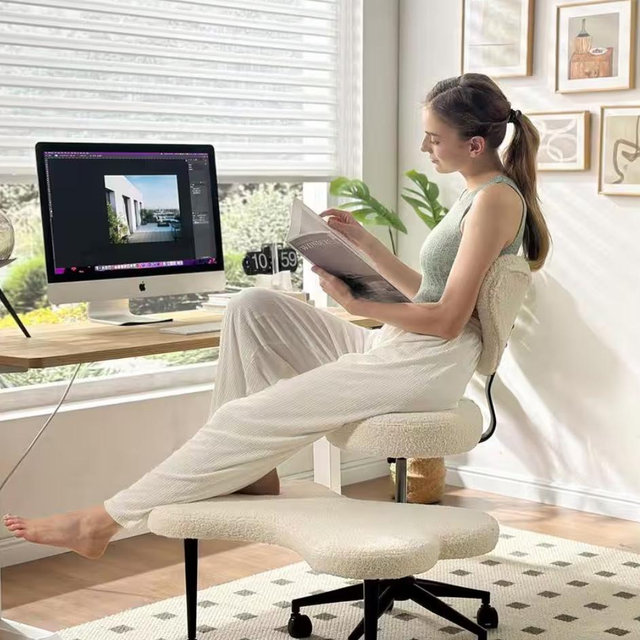 Fabric Ergonomic Cross-Legged Office Chair ADHD Adjustable Office Chair with Back Support and Wheels, Beige