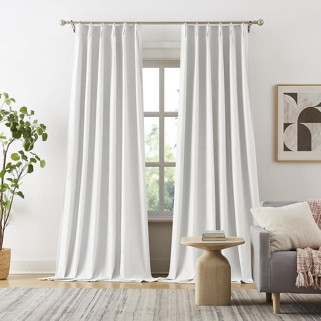 DUALIFE 144 Inch Pinch Pleated Blackout Curtains 12ft, Accordion Style Thermal Insulated Drapes with Hooks, Back Tab Ceiling Traverse Curtains for Living Room, Greyish White,40x144, 2 Panels