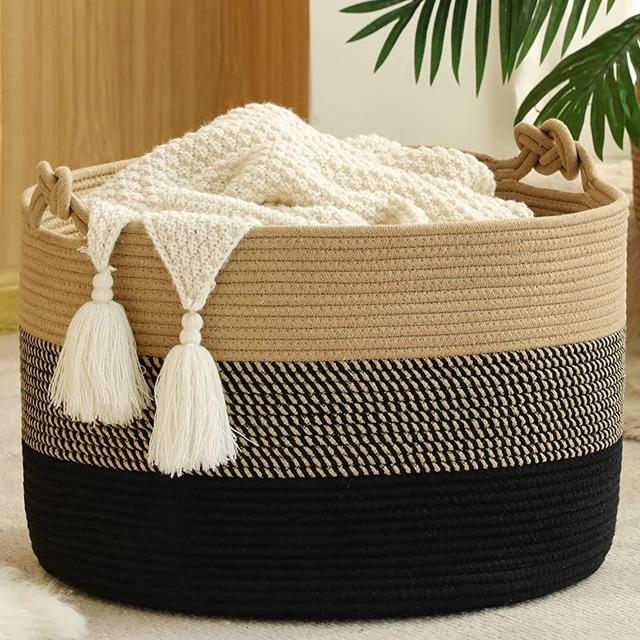 KAKAMAY Large Blanket Basket (20"x13"),Woven Rope Baskets for storage Baby Laundry Hamper, Cotton Rope Blanket Basket for Living Room , Laundry, Nursery, Pillows,Baby Toy chest (Jute/Black)