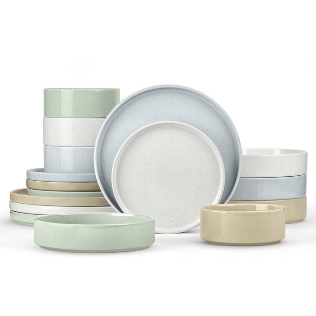 Herogo Dinnerware Dishes Sets with Pasta Bowls, 16 Piece Stoneware Plates and Bowls for 4, Ceramic Dinner Ware for Kitchen, Dishwasher & Microwave Safe, Speckled Multicolor
