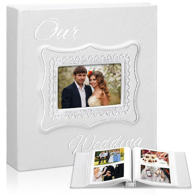 Dunzoom Memory Photo Album Holds 200 Pcs 4 x 6 Inch Leather Wedding Anniversary Family Photo Album with Front Window Double Heart Memory Scrapbook for Couple Gifts(Our Wedding)