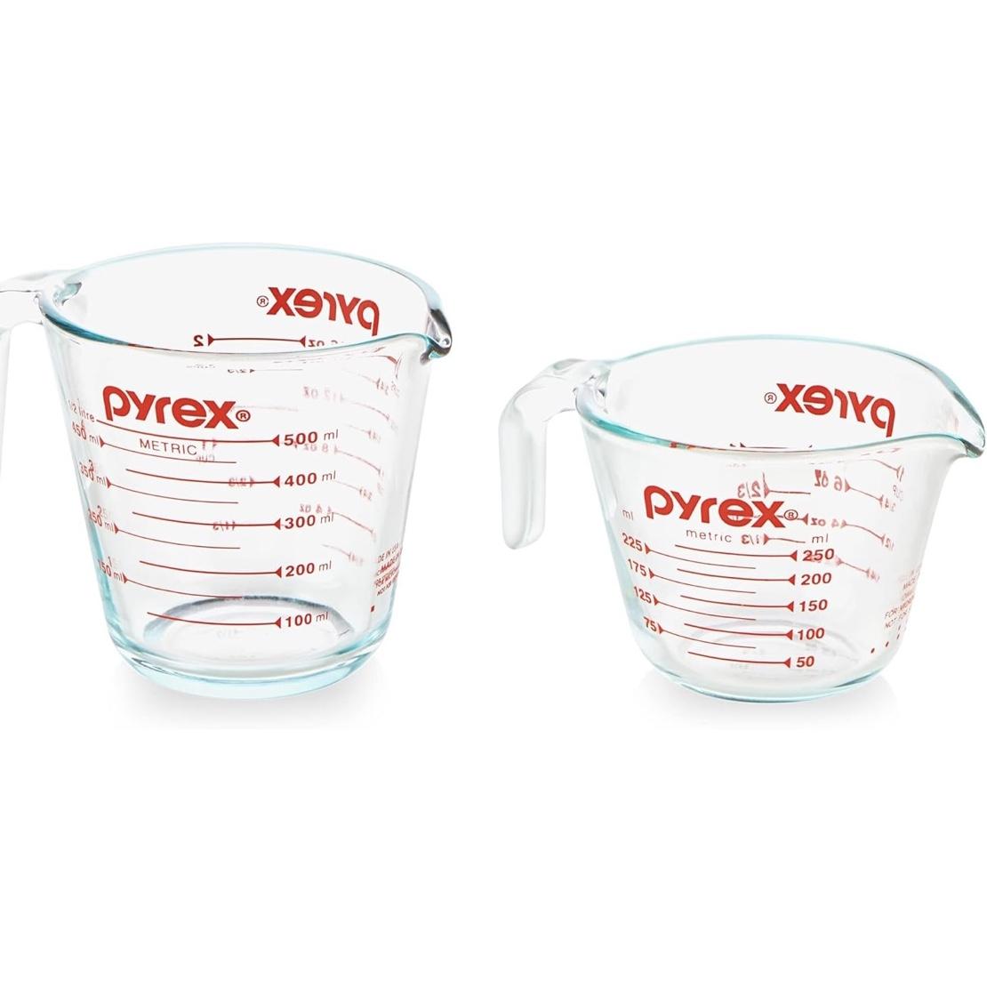 Pyrex 2 Piece Glass Measuring Cup Set, Includes 1-Cup, and 2-Cup Tempered Glass Liquid Measuring Cups, Dishwasher, Freezer, Microwave, and Preheated Oven Safe, Essential Kitchen Tools