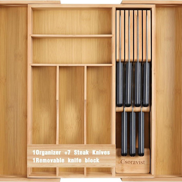 Csoravist 9-Piece Bamboo Kitchen Drawer Organizer Set, Expandable Silverware &Utensil Organizer with Removable Knife Block & Steak Knives, Flatware Organization, Tableware Dividers Storage(Natural)