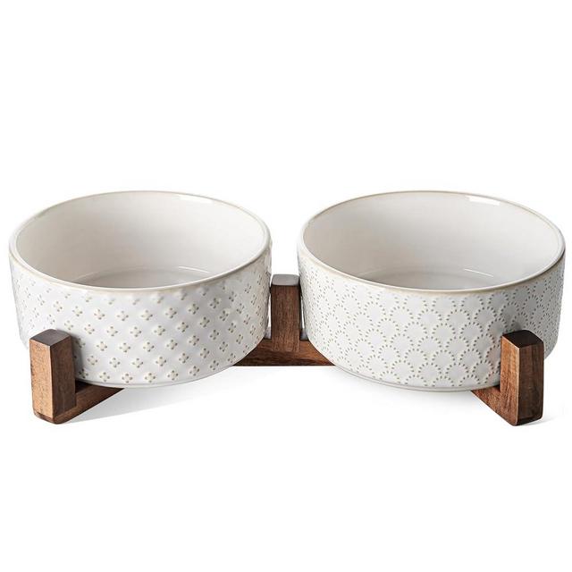 LE TAUCI Dog Bowls Ceramic, Bowl Set with Acacia Wood Stand, 7 Inches Dog Food and Water Bowl for Medium Large Sized, Weighted Dog, Pet Bowls
