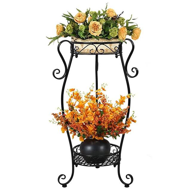 Winiko Metal Plant Stand, Plant Shelf | 2-Tier Plant Flower Stand Stand Corner Plant Stand for Outdoor Indoor Garden Terrace Living Room (1, Black)