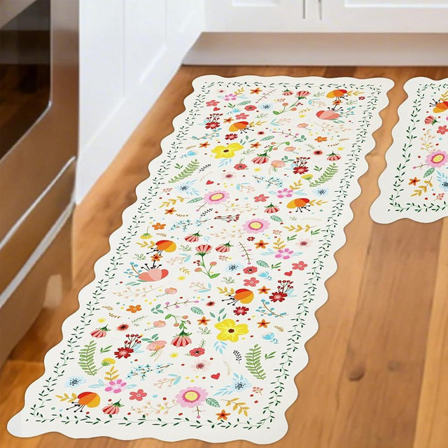 CQKEDMA Scalloped Kitchen Mats for Floor 2 Piece, Kitchen Floor Mat Non Slip Washable, Narrow Kitchen Runner Rugs Waterproof Boho Floral Standing Mat Door Mat for Sink Laundry, Hallways, Beige-White
