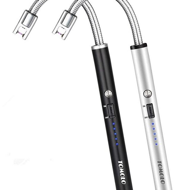 TOMOLO Lighter, Rechargeable Candle Lighter Grill Lighter Electric Arc Lighter with Flexible Neck, LED Battery Display Safety Switch for Candle Camping Cooking BBQs Fireworks (Black&Silver, Pack of 2)