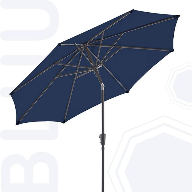 BLUU Olefin 9 FT Patio Market Umbrella Outdoor Table Umbrellas, 3-Year Nonfading Olefin Canopy, Market Center Umbrellas with 8 Strudy Ribs & Push Button Tilt for Garden, Lawn & Pool (Navy Blue)
