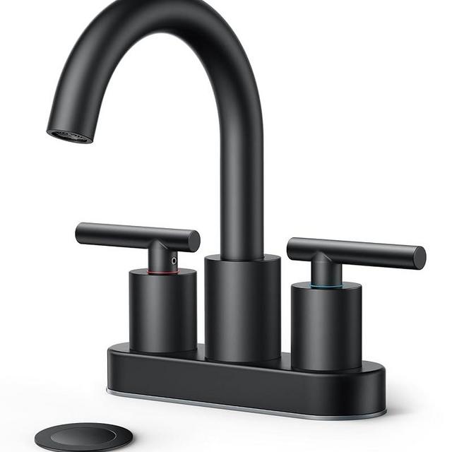 FORIOUS 4 Inch Centerset Bathroom Faucet Black, 2 Handle Matte Black Faucet for Bathroom Sink 2 Hole with Metal Pop Up Dain, 24" Hot and Cold Supply Lines, and 360 Degree Rotating Spout of 4" Vanity