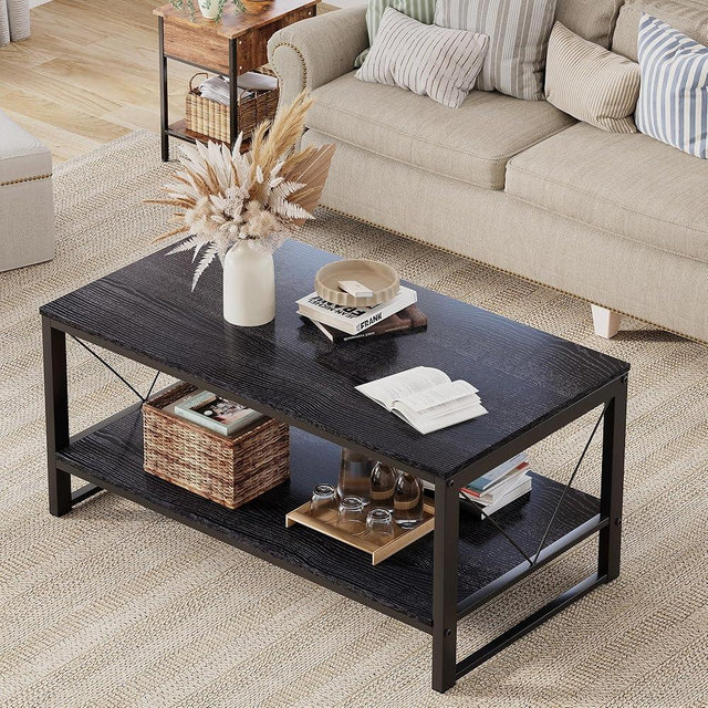 Vividwood Farmhouse Coffee Table for Living Room, 39.3" Wooden Rectangle Center Table with Storage Shelf and V-Shape Legs & 220lbs Load Capacity, Easy Assembly