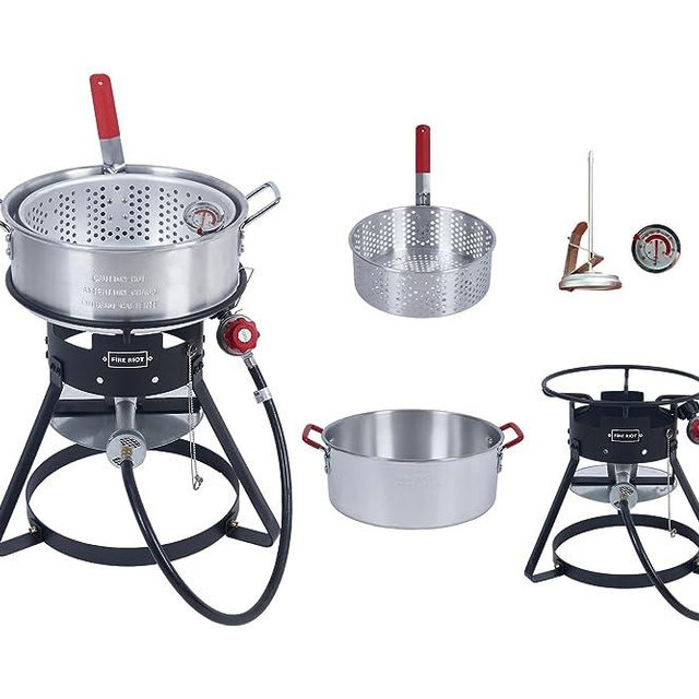 Fire Riot 10 Qt Fish Fryer Kit with Heavy Gauge Aluminum Pots & Basket, Outdor Propane Canjun Deep Fryer with Adjustable 0-10 PSI Regulator, Steel Frame Cooking Base
