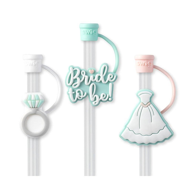Swig Straw Toppers Set, 3 Reusable Straws with 3 Silicone Covers, Cover Cap with Customizable Length, Compatible with 40oz Tumblers, Bride Gifts, Bachelorette Gifts, Party Favors (Bride to Be)