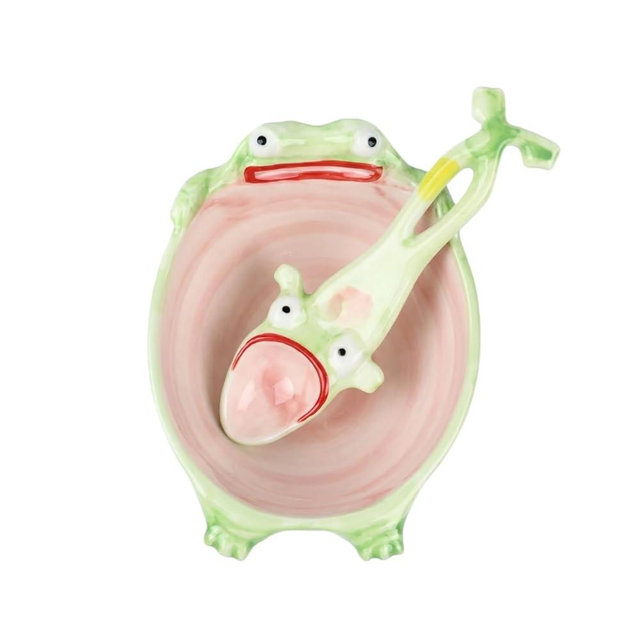 GAGJOSH Creative Frog Bowl Set - Hand-Painted Ceramic Funny Soup Bowl with Leaping Frog Spoon, Cute Candy Jar & Kitchen Decor Gift (GRN)