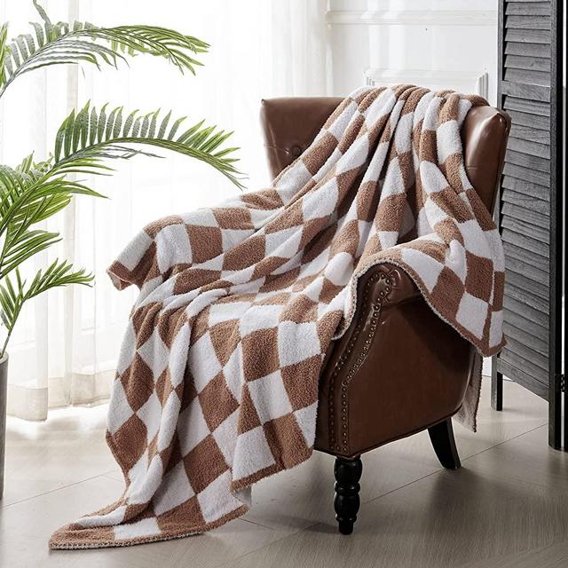 BRICHOEE Throw Blankets Checkered Reversible Microfiber Blankets, Super Soft Warm Cozy Fluffy Blankets for Couch Bed Sofa Camping Travel (Khaki, 60"x80")