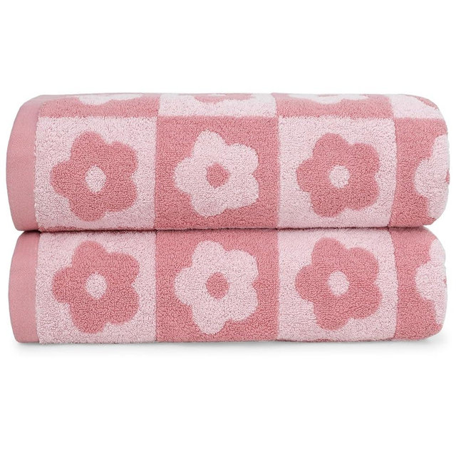 Jacquotha 2-Pieces Luxury Bath Towels Checkered Floral, Pink Shower Towel for Women Girls 27.5x55 Inches, 100% Cotton Absorbent Body Towels