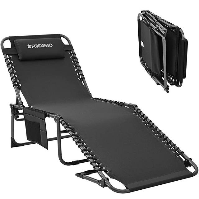 FUNDANGO Outdoor Chaise Lounge Chair Adjustable 4-Position Folding Chaise Lounge Chair for Outdoor Patio Lawn Beach Pool Sunbathing, Lightweight Beach Lounge Chair with Pillow, Supports 265lbs(Black)